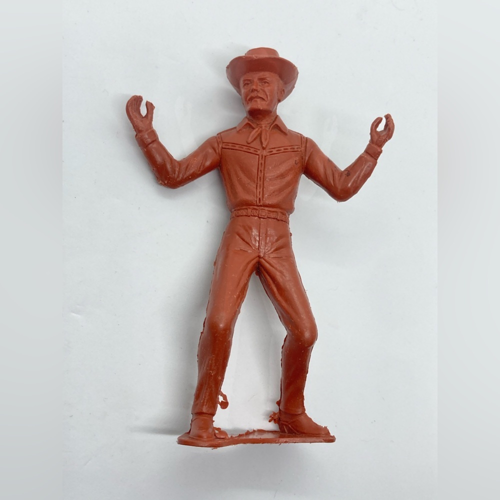 Vtg 60s Louis Marx Toy Co Plastimarx Cowboy w Arms Up Red Plastic Figure 5”